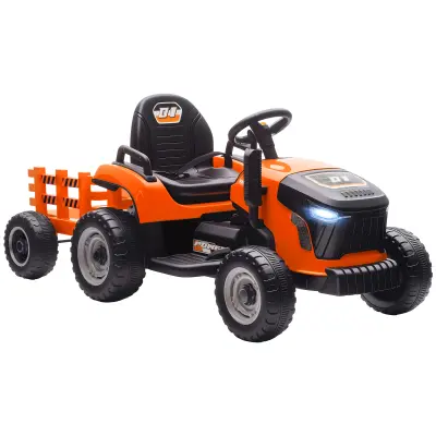 AIYAPLAY Električni otroški traktor, 3-hitrostni s prikolico, 2 motorja, za starost 3-8 let, oranžen
