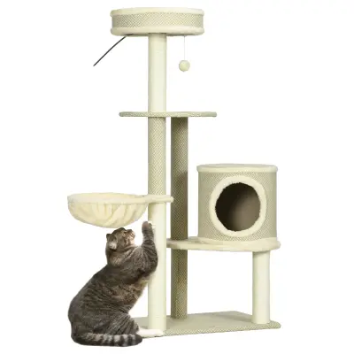 PawHut Praskalnik za mačke 124 cm, mačje drevo z mačjo jamo, igralna žogica, košara iz sisala