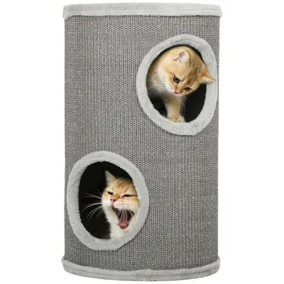 PawHut Praskalnik, visok 60 cm, Ø 35 cm, dvonadstropni mačji sod z 2 jamama, svetlo siv
