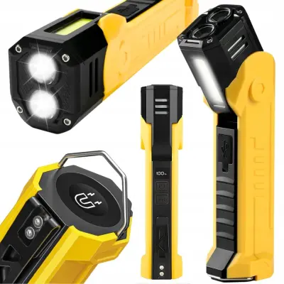 3v1 COB LED aku. magnetna delavniška svetilka powerbank USB LCD kavelj rumena
