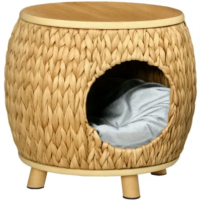 PawHut Košara za mačke iz ratana Cat Cave 2 v 1 z blazino, svetlo rjava + siva