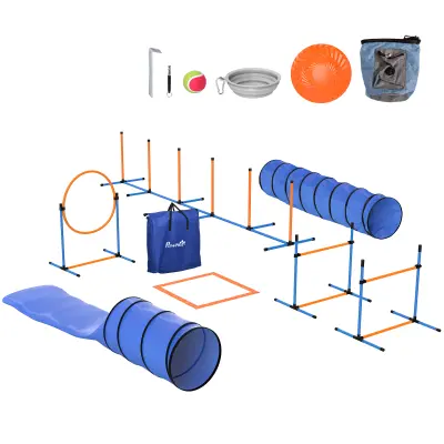 PawHut Agility komplet za pse, 11-delna agility oprema z 2 tuneloma, skakalnim obročem in ovirami