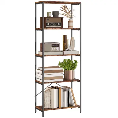HOMCOM knjižna omara kovina 79D x 35Š x 161V cm rustikalno rjava
