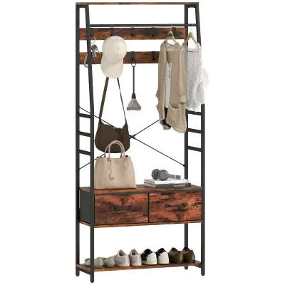 HOMCOM garderobni stojalnik iverna plošča, kovina 80D x 30Š x 180V cm rustikalno rjava