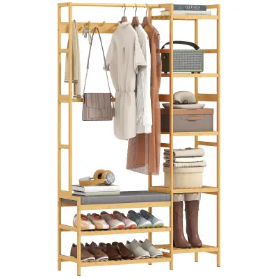HOMCOM garderobni stojalnik bambus, poliester 104D x 33Š x 175V cm naravni les
