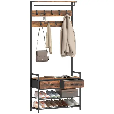 HOMCOM garderobni stojalnik iverna plošča, kovinske cevi 80D x 30Š x 181,5V cm rustikalno rjava