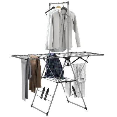 HOMCOM stojalo za perilo nerjaveče jeklo, plastika 156,5D x 68Š x 192V cm srebrno