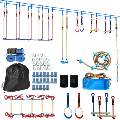 AIYAPLAY Otroški komplet slackline Ninja Line, 24 m, z gimnastičnimi obroči, 7 ovirami in plezalno palico