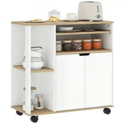 HOMCOM Kuhinjski voziček, MDF – 80D x 40Š x 82V cm – Naravni les in bela