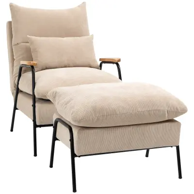 HOMCOM sprostitveni naslonjač s stolčkom vrvasta tkanina, pena 91,5D x 68Š x 88V cm Bež