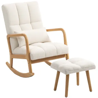 HOMCOM zibajoči stol s stolčkom poliester, gumijast les 64,5D x 82Š x 99V cm Bela