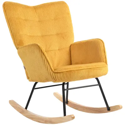 HOMCOM zibajoči stol vrvasta tkanina (100% poliester), bukov les, jeklo, pena 98G x 71Š x 101V cm Rumena