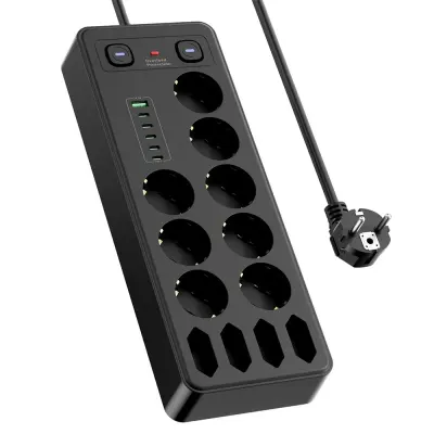 Evropski podaljšek z USB in Type-C priključki, zaščita pred preobremenitvijo Black