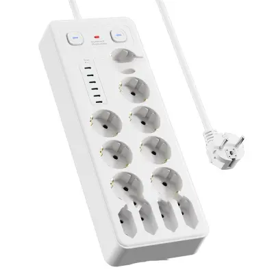 Evropski podaljšek z USB in Type-C priključki, zaščita pred preobremenitvijo White