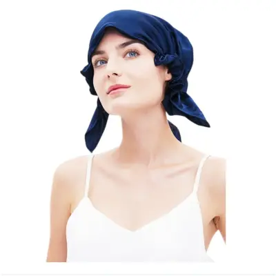Tanka svilena spalna kapica - mehka, dihalna z elastiko NavyBlue