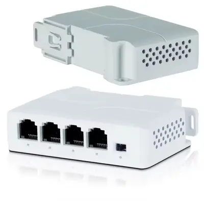 Ojačevalnik Signala POE DIN TH35 – Brizgalna Glava Z 1x Vhodom 3x Izhodom, Gigabitni, 25W, 100m, LED, SCP/OLP, CE Rohs