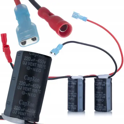 Capxon Dual 220uF 450V – Komplet Elektrolitskih Kondenzatorjev | 2x 220μF, 450V, Paralelna Povezava, Konektorji, Ø25x46 Mm, 105°C