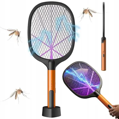 2v1 aku. električni lopar uničevalec insektov LED UV USB 52m stojalo
