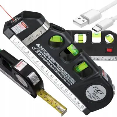 Multifunkcijska aku. laserska vodna libela 19cm z tračnim metrom 250cm USB