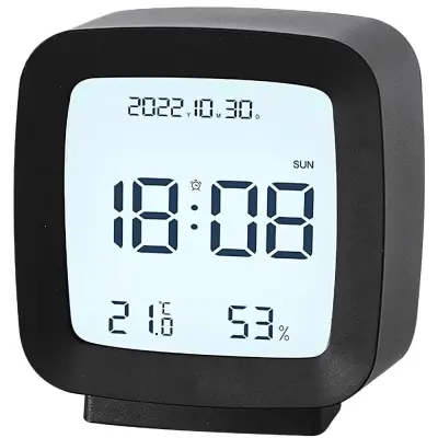 LCD budilka s prikazom temperature datuma vlage črna