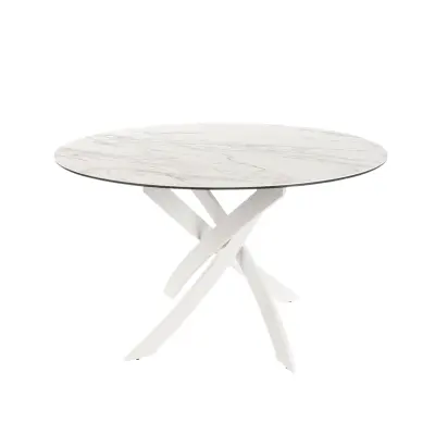 Okrogla jedilna miza iz porcelanskega marmorja in belega jekla