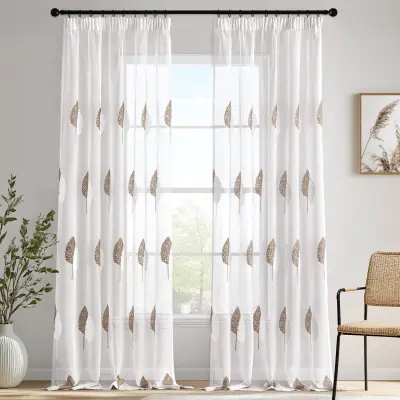 Zavesa z vezenim vzorcem listov komplet 2 ks Elegantni bielo rjavi polprozorna 140x260 cm, 100 % poliester, riasniaca páska