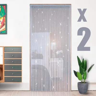 Záves na šnúrky s korálkami moskytiéra strieborný polyester 2 ks 100x200 cm, brokátový trblietavý efekt, bariéra proti hmyzu