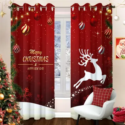 Božične zatemnitvene zavese Severni jelen rdeče 140 x 225 cm, komplet 2 kosa, toplotno izolacijske neprosojne z obročki, 5 cm obroček, 100% polie