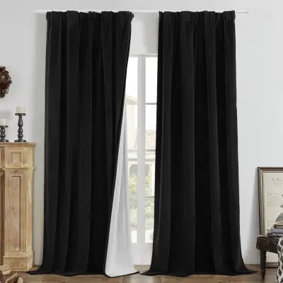 Zatemnitvene termo žametne zavese Blackout 100% komplet 2 panela črne 132x225 cm visoka gostota dušenje zvoka toplotna izolacija