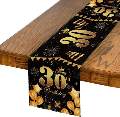 Namizni tekač za 30. rojstni dan črno zlat 40x140 cm | Dekoracija mize za zabavo | Pralni poliester za 2-4 osebe