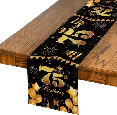 Namizni tekač za 75. rojstni dan črno-zlat 40x140 cm | Dekoracija za mizo, pralni poliester, zaščita mize za zabavo