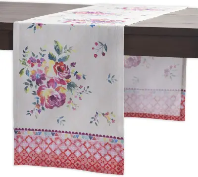 Namizni tekač 50x150 cm iz 100% bombaža z ročno poslikanim cvetličnim vzorcem vrta vrtnic, pralen v stroju