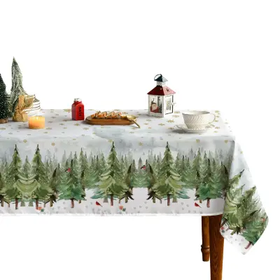 Božični namizni prt 100x140 cm bel z božičnimi drevesci in snežinkami, mehak in vzdržljiv za praznično dekoracijo mize
