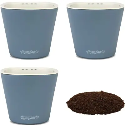 Cvetlični lončki s samodejnim zalivanjem Aquaphoric, set 3 kosov, modri, s substratom Fiber Soil za zelišča in rože
