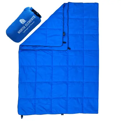 Kamping odeja NORTH ELEMENTS zložljiva vodoodporna topla lahka kompaktna 200 x 140 cm polnilo 650 modra za kampiranje pohodništvo viseče mreže
