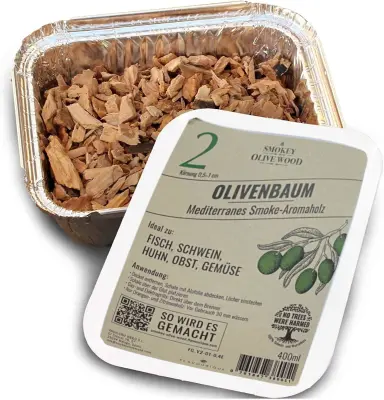 Lesni sekanci za dimljenje in žar iz oljčnega lesa 400 ml | Naravna aroma za meso, ribe in perutnino | Granulacija 5-10 mm