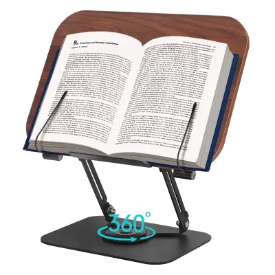 Stojalo za knjige za branje, ergonomska zasnova, 360° nastavljiva rotacija, prenosno in zložljivo, Rjava