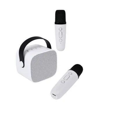 PARTY, Zvočnik Bluetooth 5.1 z 2 brezžičnima mikrofonoma za karaoke Model Party Btmic 15W, Bela