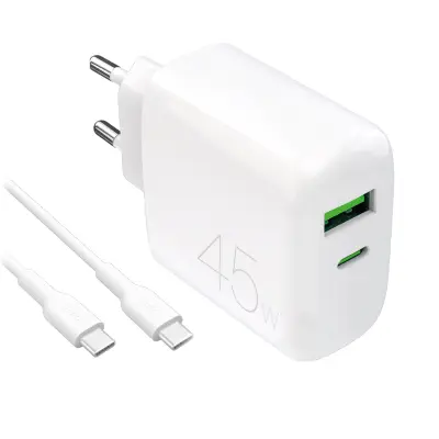 PURO USB-C USB-A STENSKI POLNILEC ZA PRENOSNIK, TELEFON, TABLIČNI RAČUNALNIK, MOČ 45 W