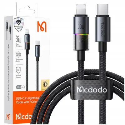 MCDODO USB-C KABEL ZA HITRO POLNJENJE ZA IPHONE LIGHTNING 36W 1M LED ČRN