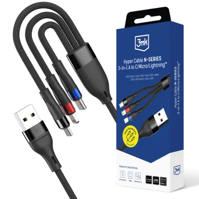 3MK HYPER KABEL 3 V 1 A NA C LIGHTNING MICRO QC 3.0 ZA TELEFONE 1,2 M 9 V 2 A