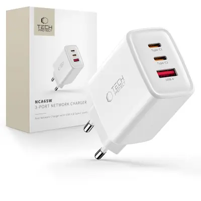 TECH-PROTECT NCA65W-GAN PD 65W POLNILEC ZA TELEFON S 3 VRATI QC3.0, BELA