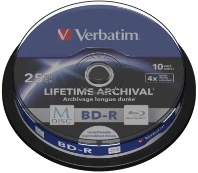 VERBATIM BD-R 25GB M-DISC 4X IMPRESSÃO CAKE 10 GRAVAÇÃO DE ALTA QUALIDADE