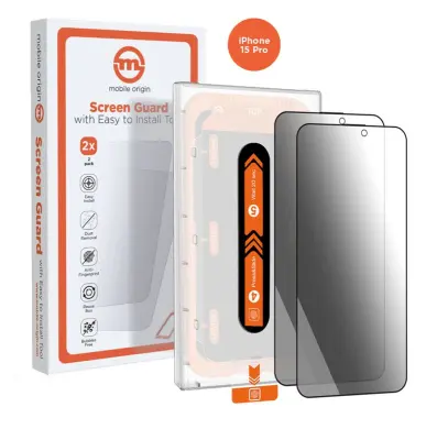 PELÍCULA PROTETORA DE VIDRO COM PRIVACIDADE MOBILE ORIGIN PARA IPHONE 15 PRO COM APLICADOR (PACOTE COM 2)