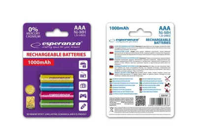 PILHAS RECARREGÁVEIS ​​ESPERANZA AAA 1000MAH, PACOTE COM 4 UNIDADES, CORES SORTIDAS.