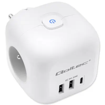 EXTENSÃO ELÉTRICA QOLTEC PARA COMPUTADOR E CELULAR, COM 3 TOMADAS AC, 2 USB E 1 USB-C.