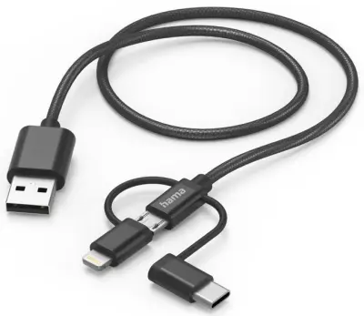HAMA adapter 3v1 USB-A - microUSB/USB-C/Lightning kabel 1,5 m črne barve