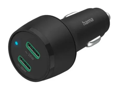 HAMA GaN PD/QC avtomobilski polnilnik 45W 2xUSB-C črne barve 201632