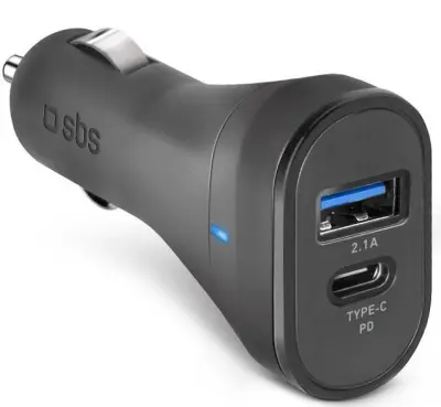 Avtomobilski polnilnik SBS USB Type-C 3A + USB-A 2.1A črne barve