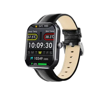 F96T Smartwatch z črnim PU usnjenim trakom in zdravstvenim spremljanjem